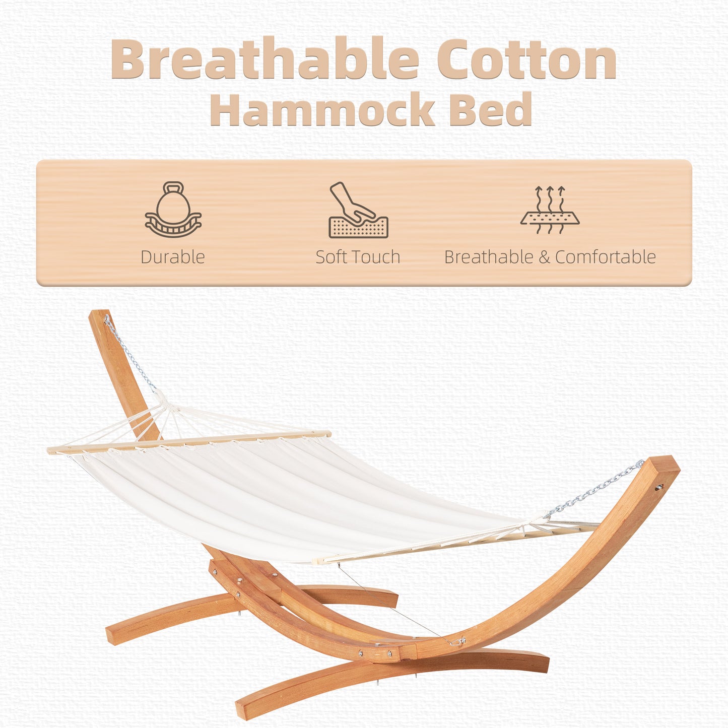 13' Patio Hammock with Stand, Outdoor Arch Wooden Hammock Bed, Camping Hammock with Straps and Hooks, White