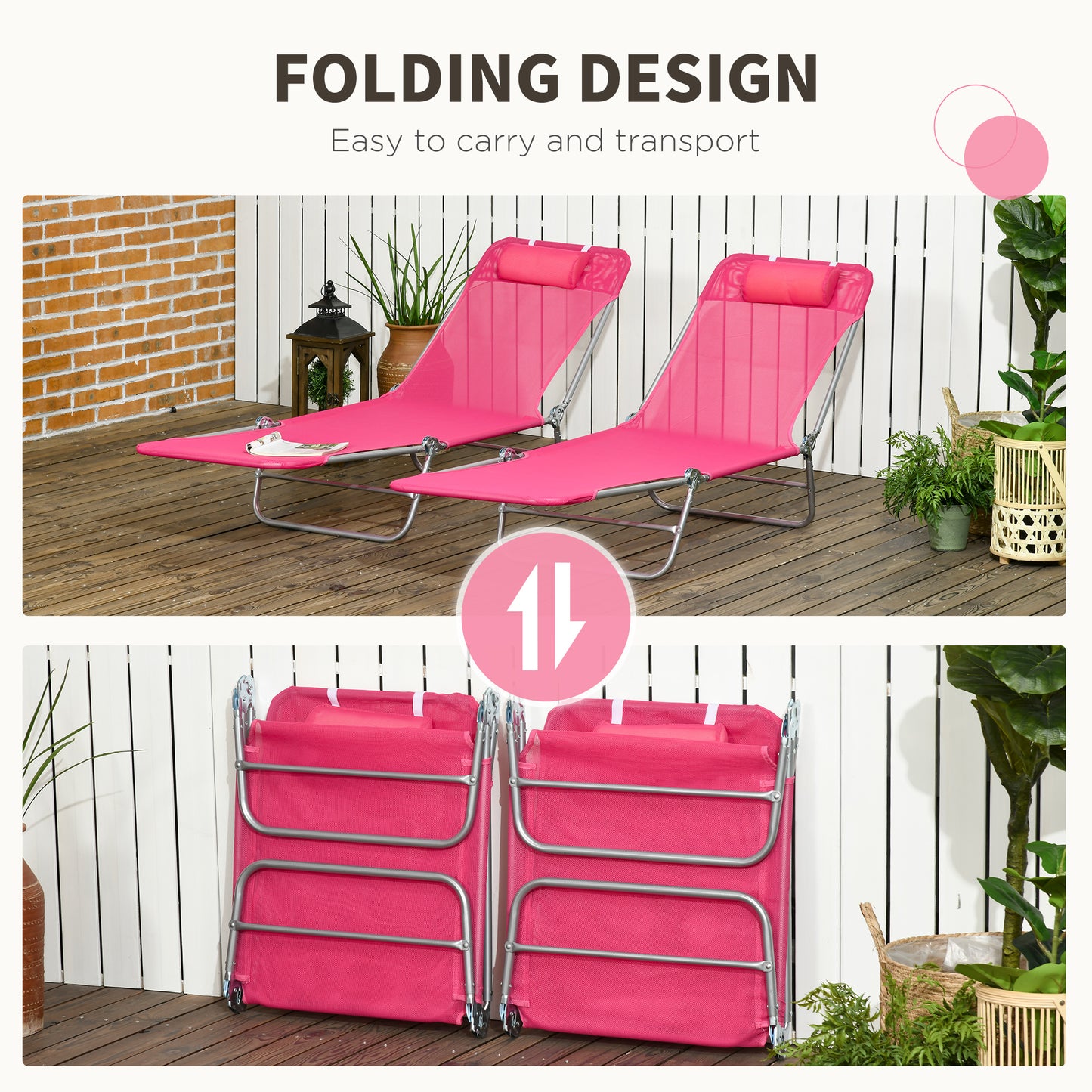 Set of 2 Folding Chaise Lounge Chairs, Outdoor Poolside Sun Tanning Chairs w/ Pillow, Reclining Backrest, Pink