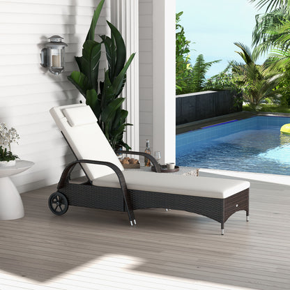 Wicker Chaise Lounge, Outdoor Lounge Chair, PE Rattan Patio Sun lounger with Head-rest, 5-Level Height Adjust Backrest, Cushion & Wheels, Mixed Brown and Cream White