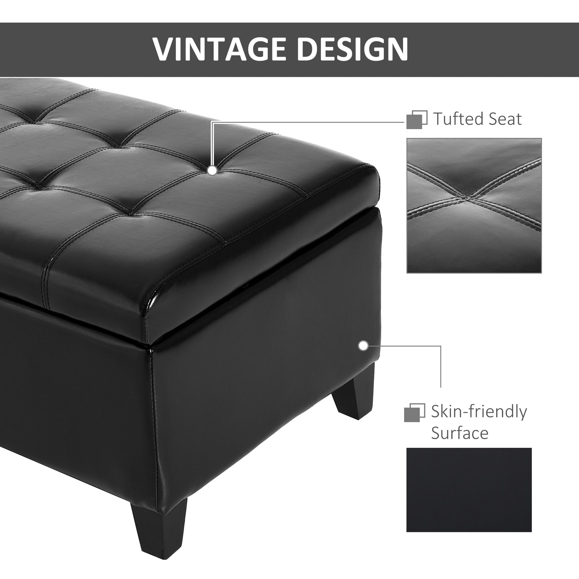 Storage Ottoman Bench, Foot Rest with Solid Wood Legs, 51 Inches PU Leather Storage Chest for Living Room, Black