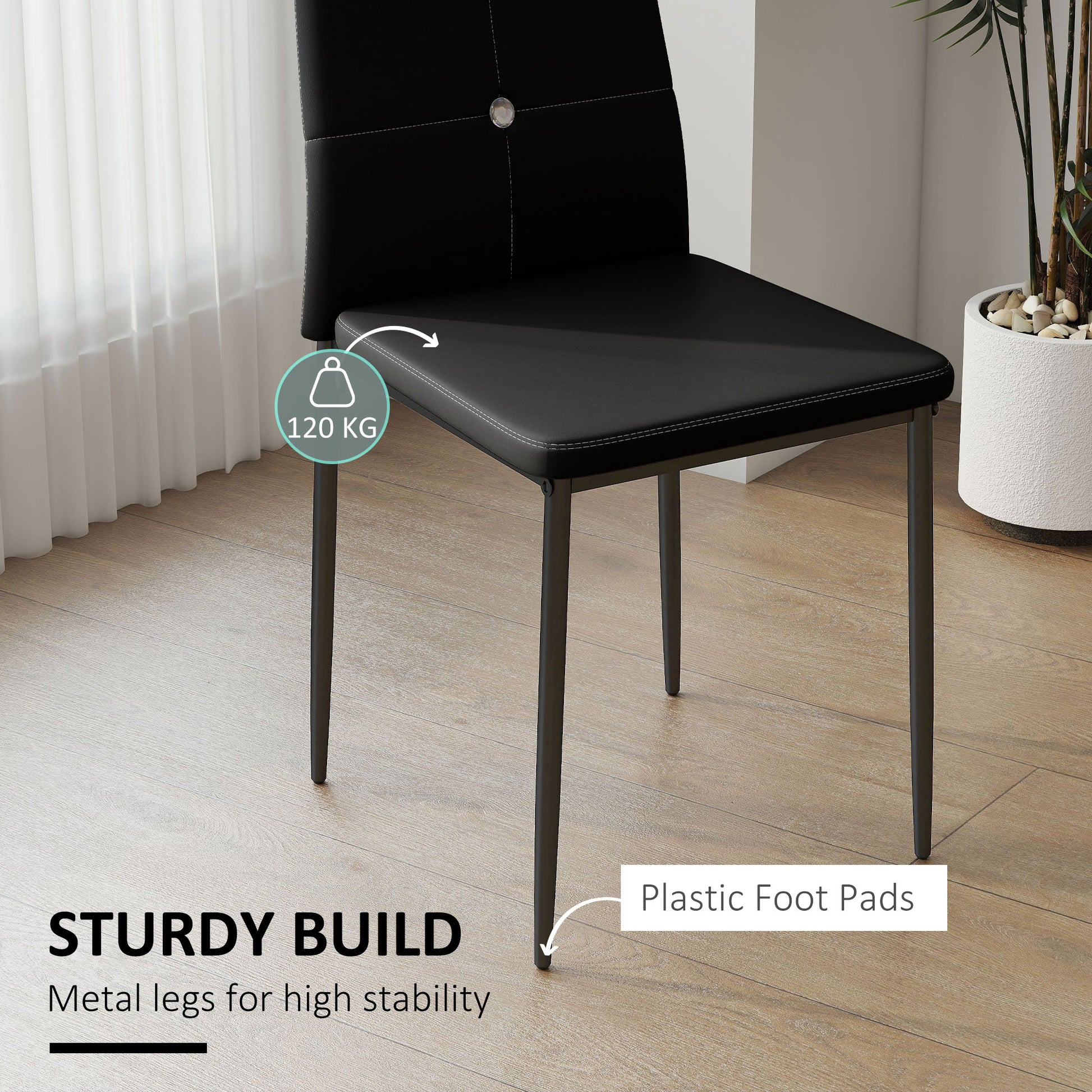 Set of 6 Button Tufted Back Side Chairs with Upholstered Seat, Steel Legs for Living Room, Kitchen, Bedroom, Black