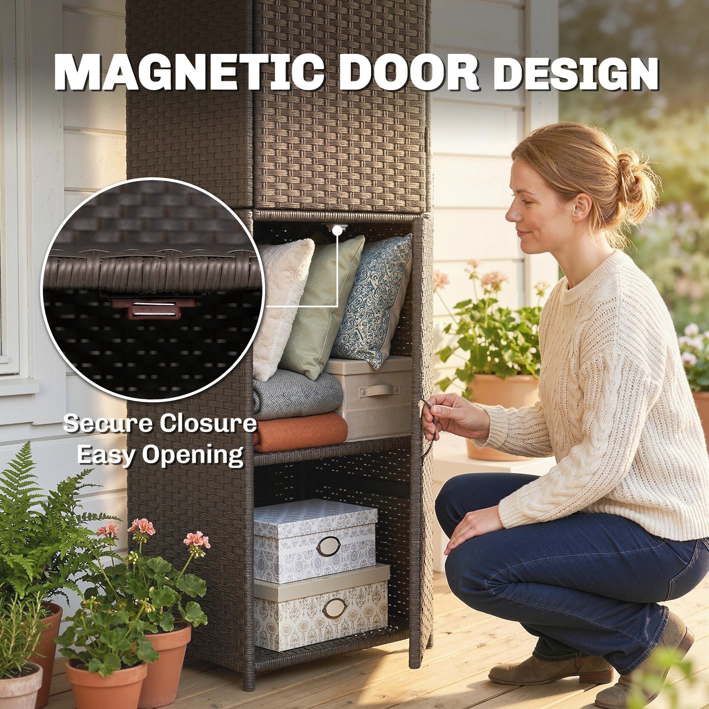 Wicker Outdoor Storage Cabinet, 4 Shelf Patio Storage Cabinet with Adjustable Shelves and Magnetic Doors, Brown
