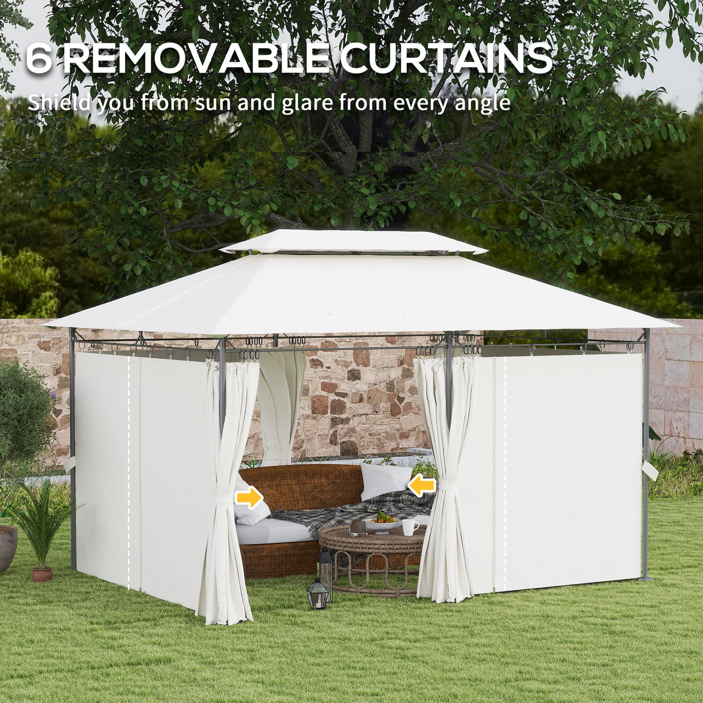 10' x 13' Double Roof Patio Gazebo, Outdoor Gazebo with Curtains, for Garden, Lawn, Backyard and Deck, Cream White