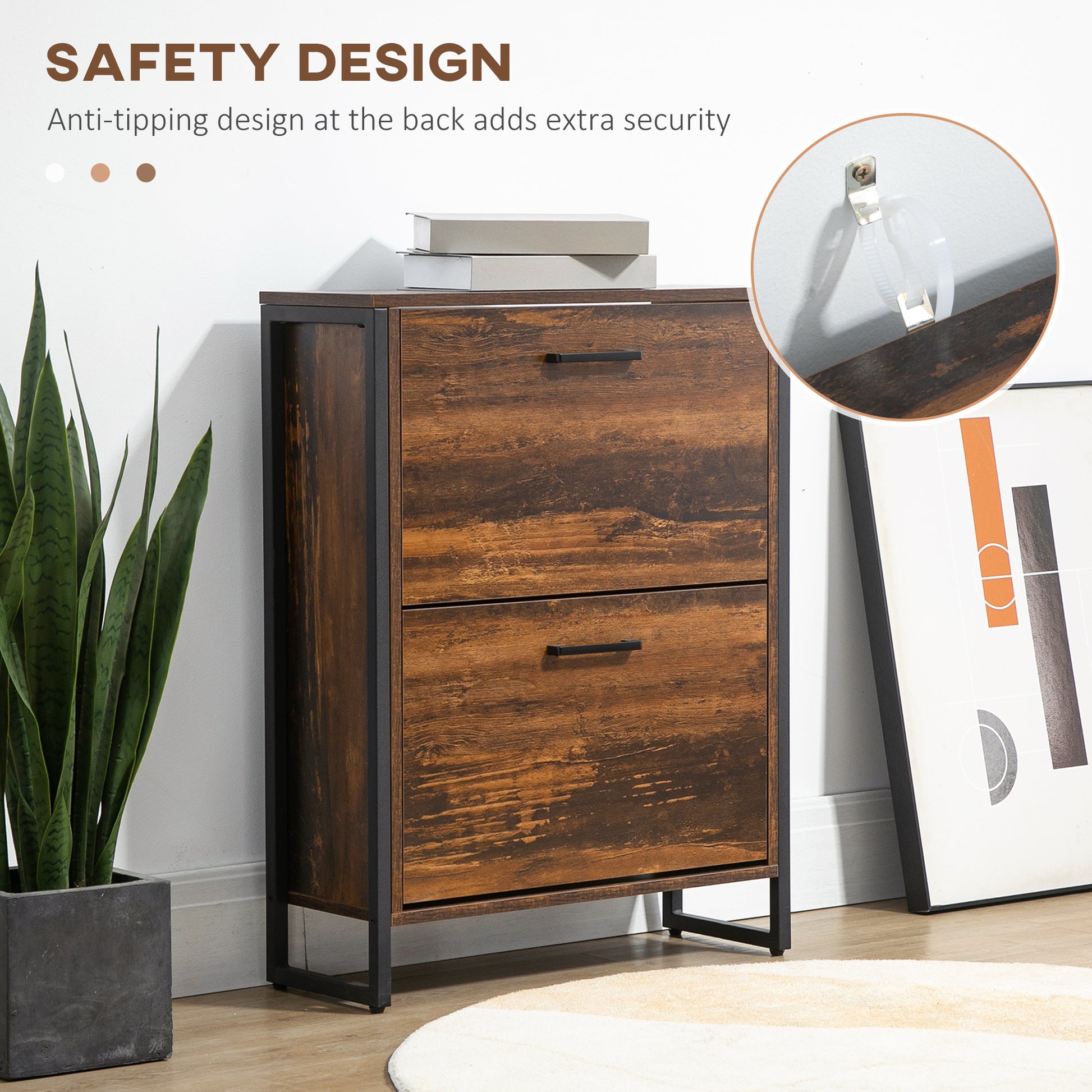 Shoe Cabinet with 2 Flip Doors, Slim 2-Drawer Shoe Cupboard with Divider and Open Compartment for 12 Pairs of Shoes, Entryway Storage Unit, Rustic Brown