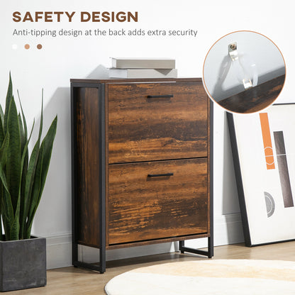 Shoe Cabinet with 2 Flip Doors, Slim 2-Drawer Shoe Cupboard with Divider and Open Compartment for 12 Pairs of Shoes, Entryway Storage Unit, Rustic Brown