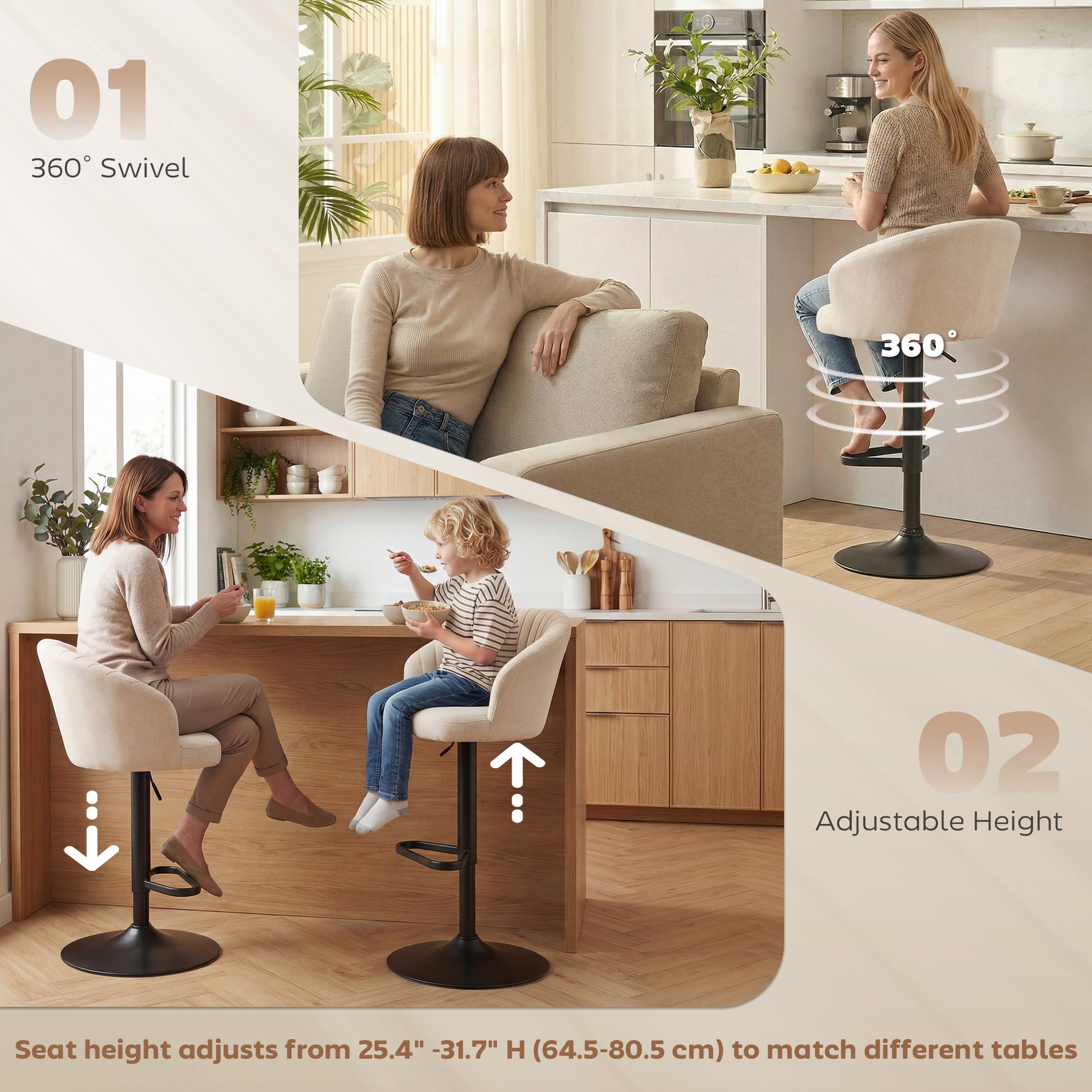 Bar Stools Set of 2, Swivel Counter Height Barstools with Back, Footrest, Adjustable Height, Beige