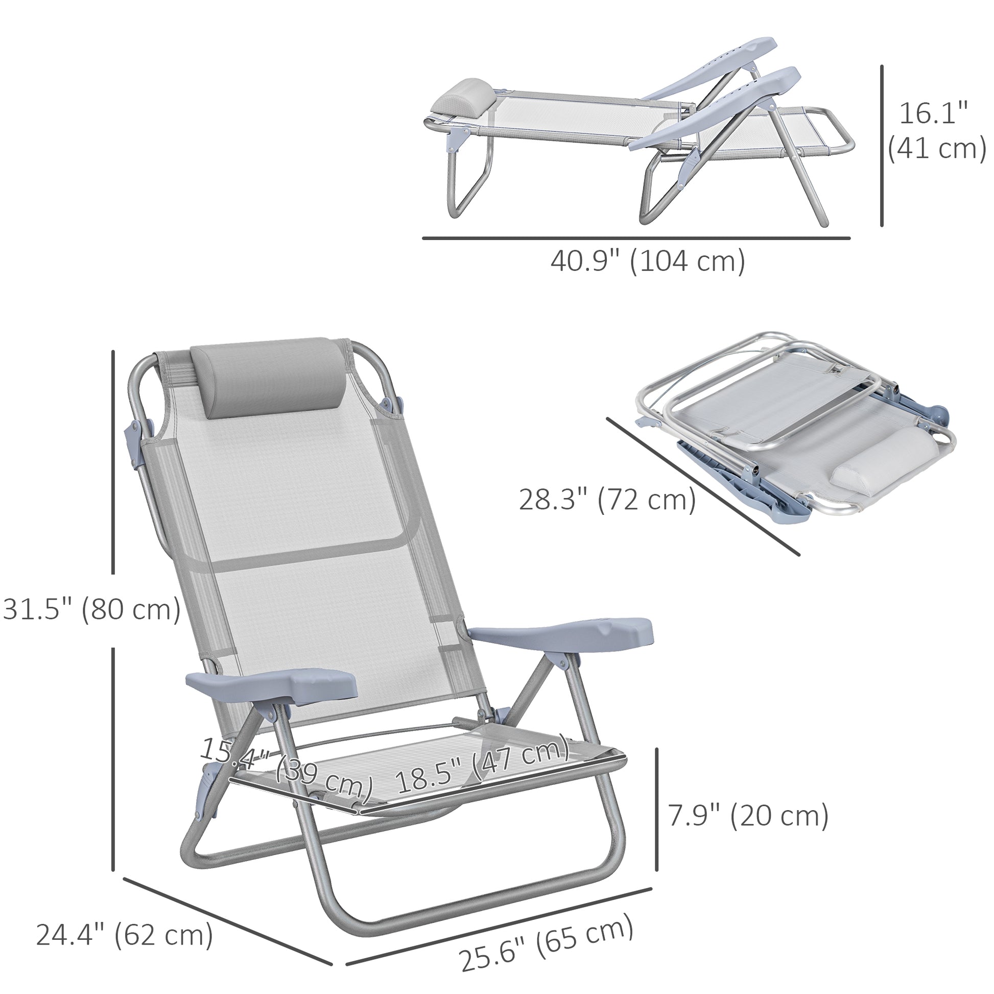 Set of 2 Camping Chairs, Beach Chairs with Adjustable Backrest and Headrest, Folding Chair for Outdoor, Light Grey