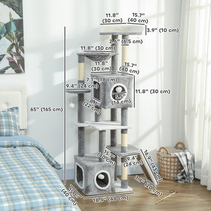 65 Inch Cat Tree with 2 Doors Condos, Plush Top Perch, Hammock, Sisal Scratching Posts, 4 Pompoms, Ramp, Grey