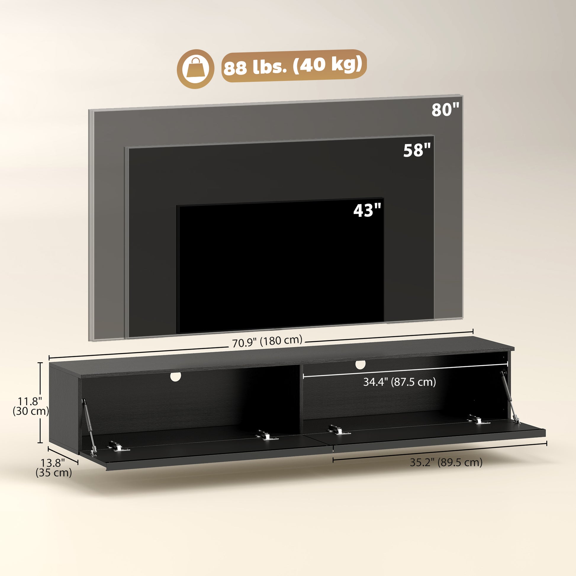 Wall Mounted TV Stand, Floating TV Cabinet with Storage, for TVs up to 70", High Gloss Effect, Black
