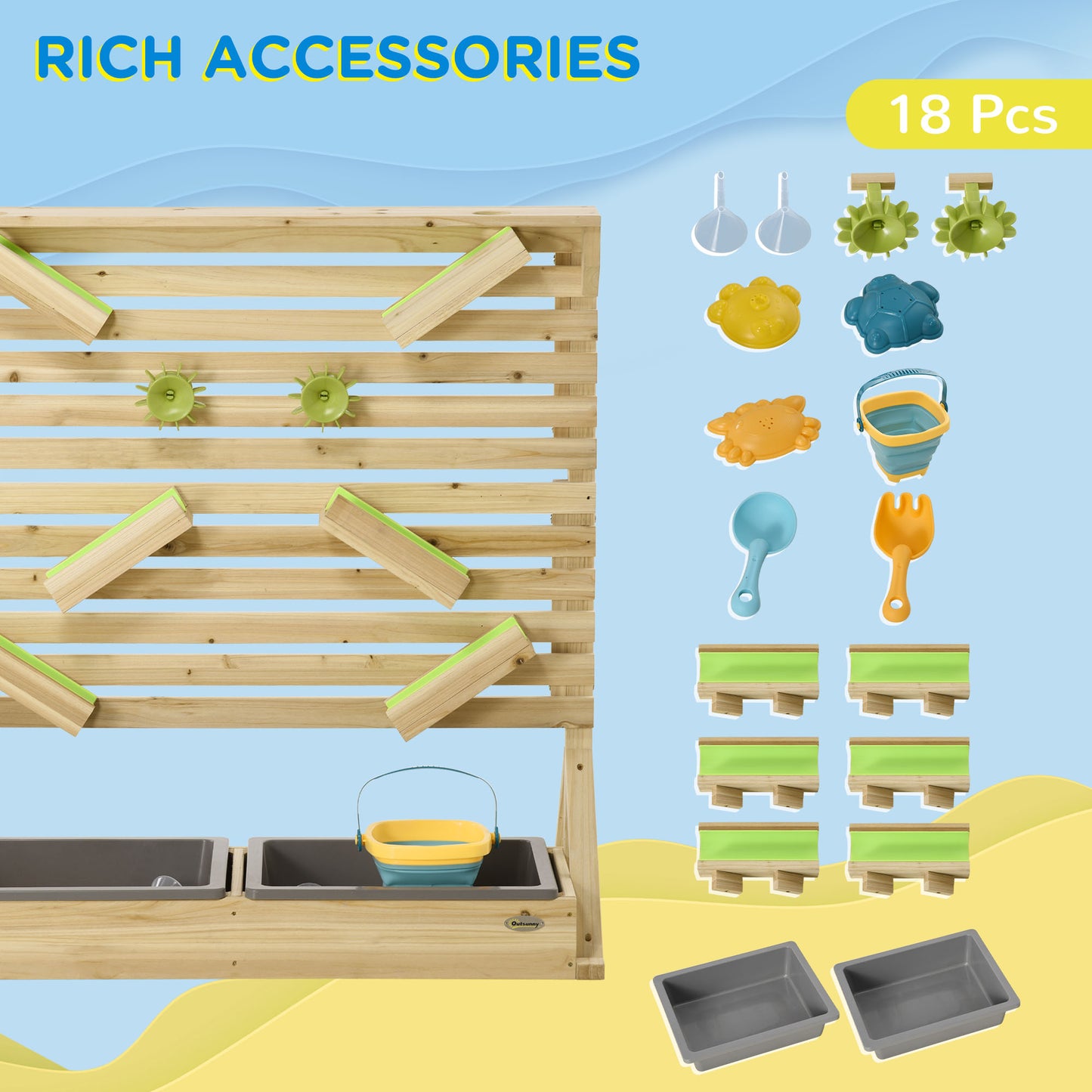 18 Pcs Kids Running Water and Sand Playset Outdoor with Sinks, Wooden Sensory Toys with Colorful Accessories, Gift for Boys and Girls, Aged 3-7 Years Old