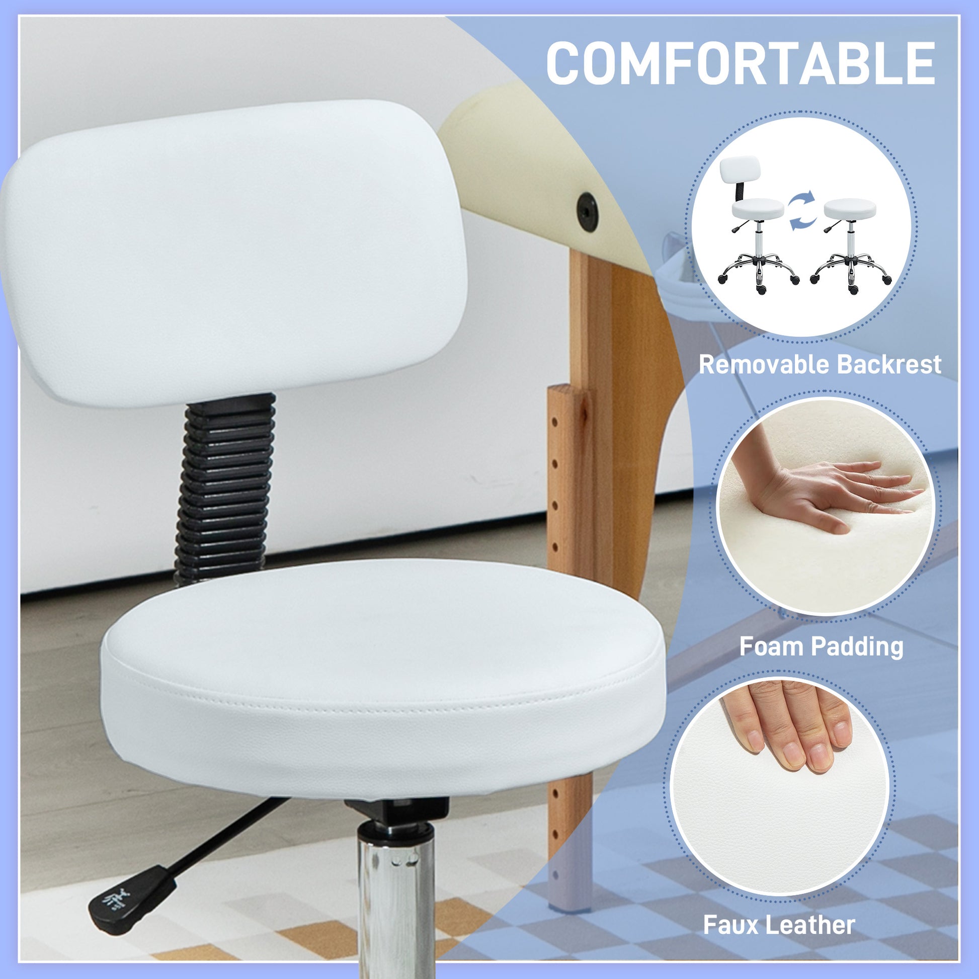 Adjustable Rolling Stool with Removable Backrest, Faux Leather Swivel Stool Chair for Salon Spa, Bar, Massage, White