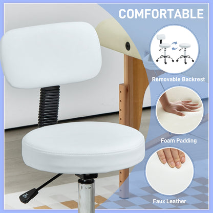 Adjustable Rolling Stool with Removable Backrest, Faux Leather Swivel Stool Chair for Salon Spa, Bar, Massage, White
