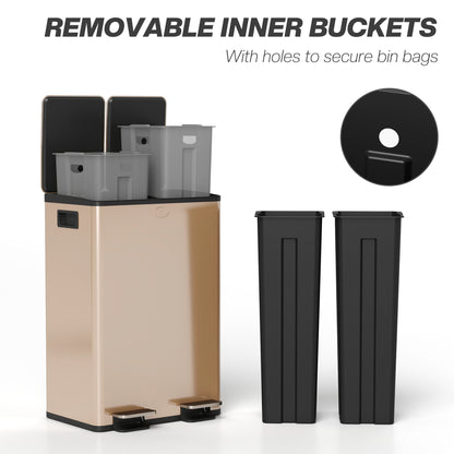 Dual Garbage Bin, Soft-Close Trash Can with Foot Pedal, 2 x 28 Liter Garbage Can with Removable Inner Buckets, Gold