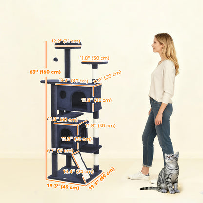 63" Cat Tree, Multi-Level Cat Tower with Scratching Posts, Cat Condos, Bed, Platforms, Ramp, Toy Ball, Dark Blue