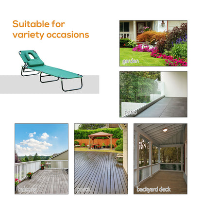 Folding Outdoor Lounge Chair, Portable Reclining Beach Lounger with Face Hole, Detachable Pillow, 3-Position Adjustable Backrest, For Patio, Garden, Poolside, Green