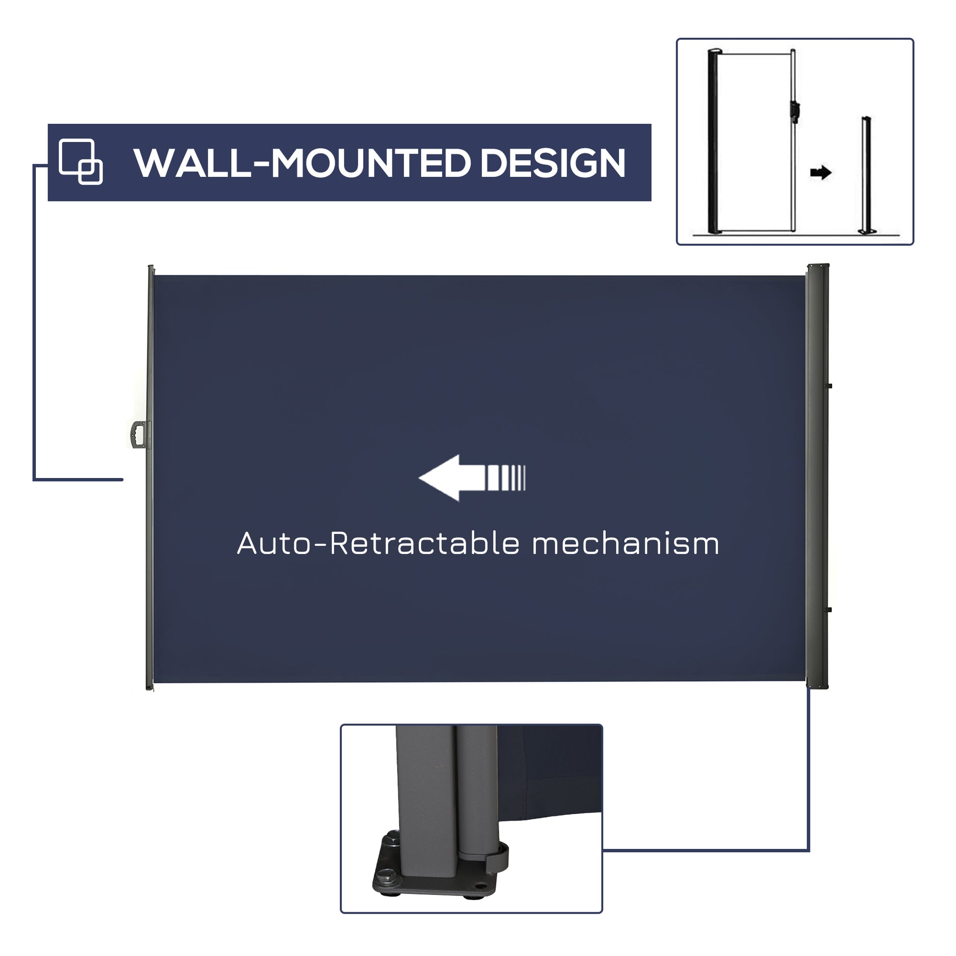 118" x 79" Outdoor Folding Privacy Screen Retractable Side Awning Patio with Resistance to UV Rays and Wind Dark Blue