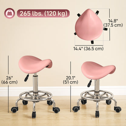 Saddle Stool, PU Leather Adjustable Rolling Salon Chair, Pink