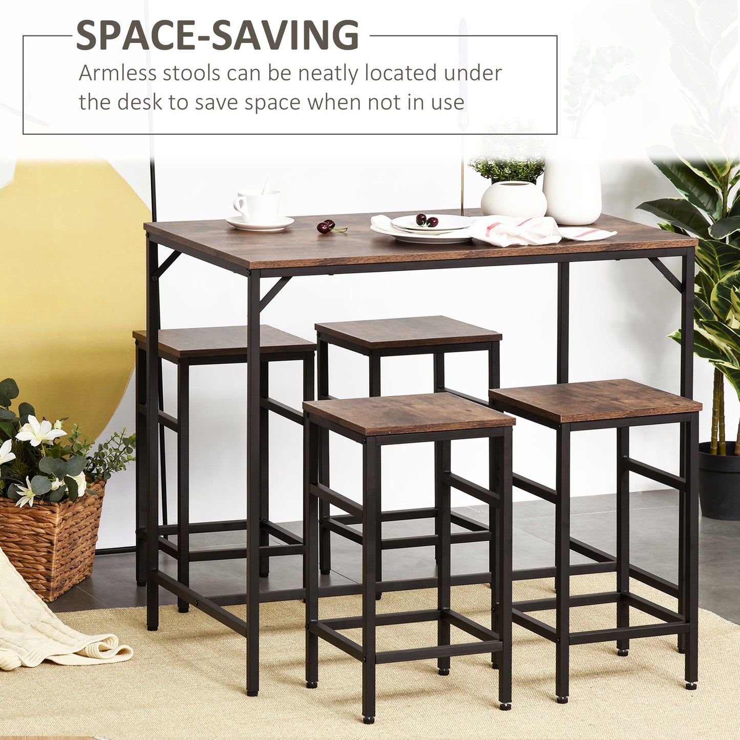 5 Pieces Industrial Rectangular Bar Table Set, Dining Table Set Breakfast Table with 4 Stools for Dining Room, Kitchen, Dinette, Rustic Brown