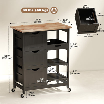 Kitchen Cart on Wheels, Rolling Kitchen Island Cart with Wood Top, 3 Drawers and Shelves for Home Dining Area, Black