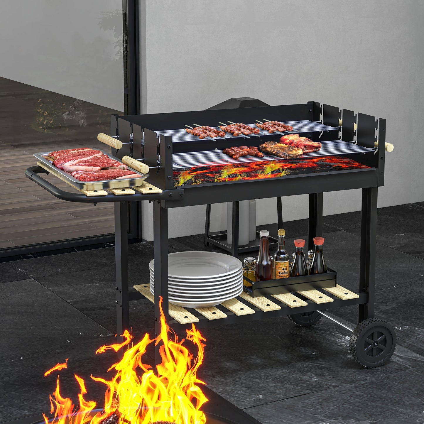 Charcoal Grill,Barbecue Trolley with Double Adjustable Grill, Side Table, Storage Shelf and Wheels, Black