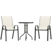 3 Pieces Bistro Set, Small Patio Furniture Set with Stackable Mesh Chairs, Glass Table for Garden, Balcony, Beige