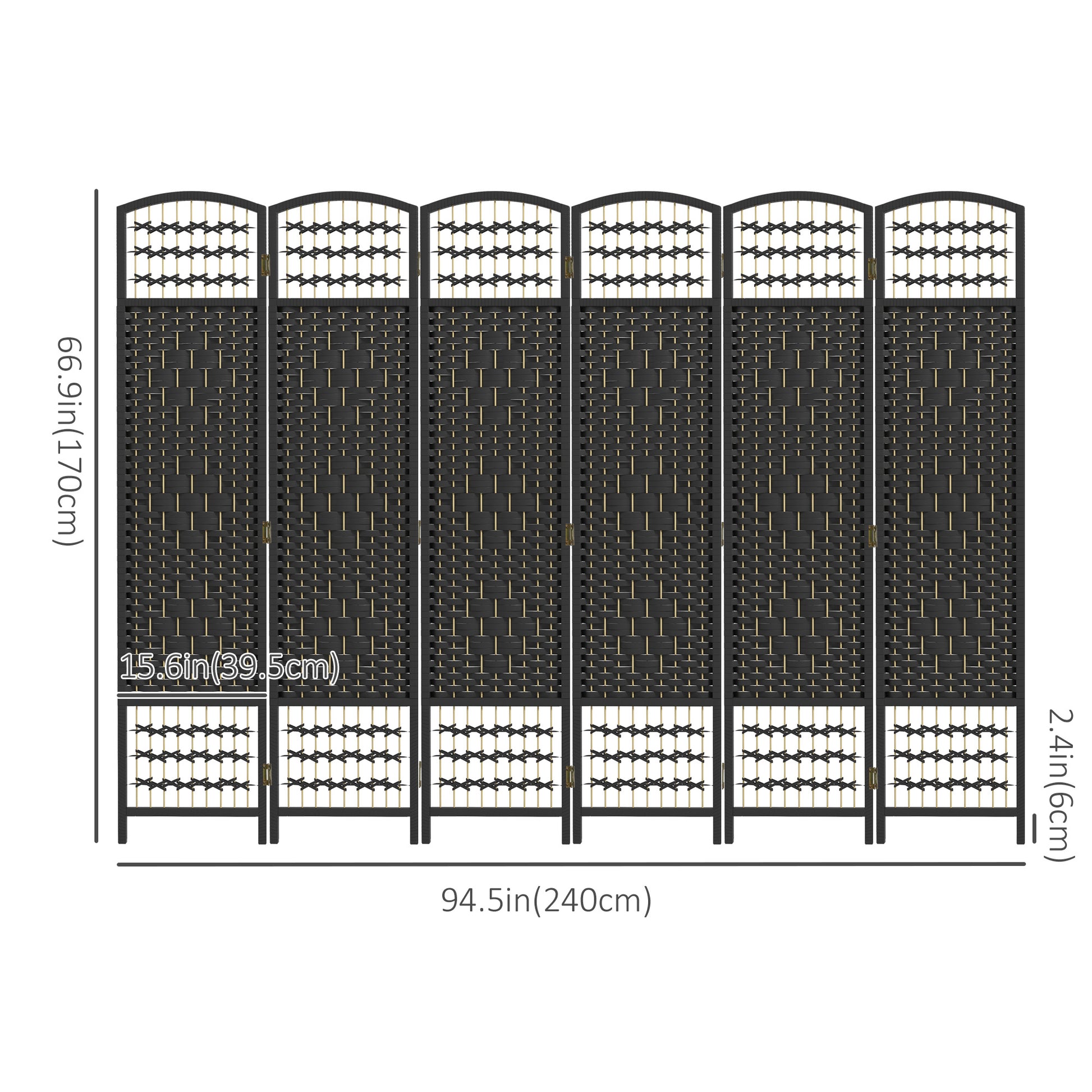 6 Panel Folding Room Divider, Portable Privacy Screen, Wave Fiber Room Partition for Home Office, Black
