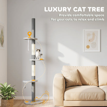 88.5"-100.5" Floor to Ceiling Cat Tree, Cat Tower with Scratching Posts, Cloud Shaped Platforms, Dangling Balls, Grey