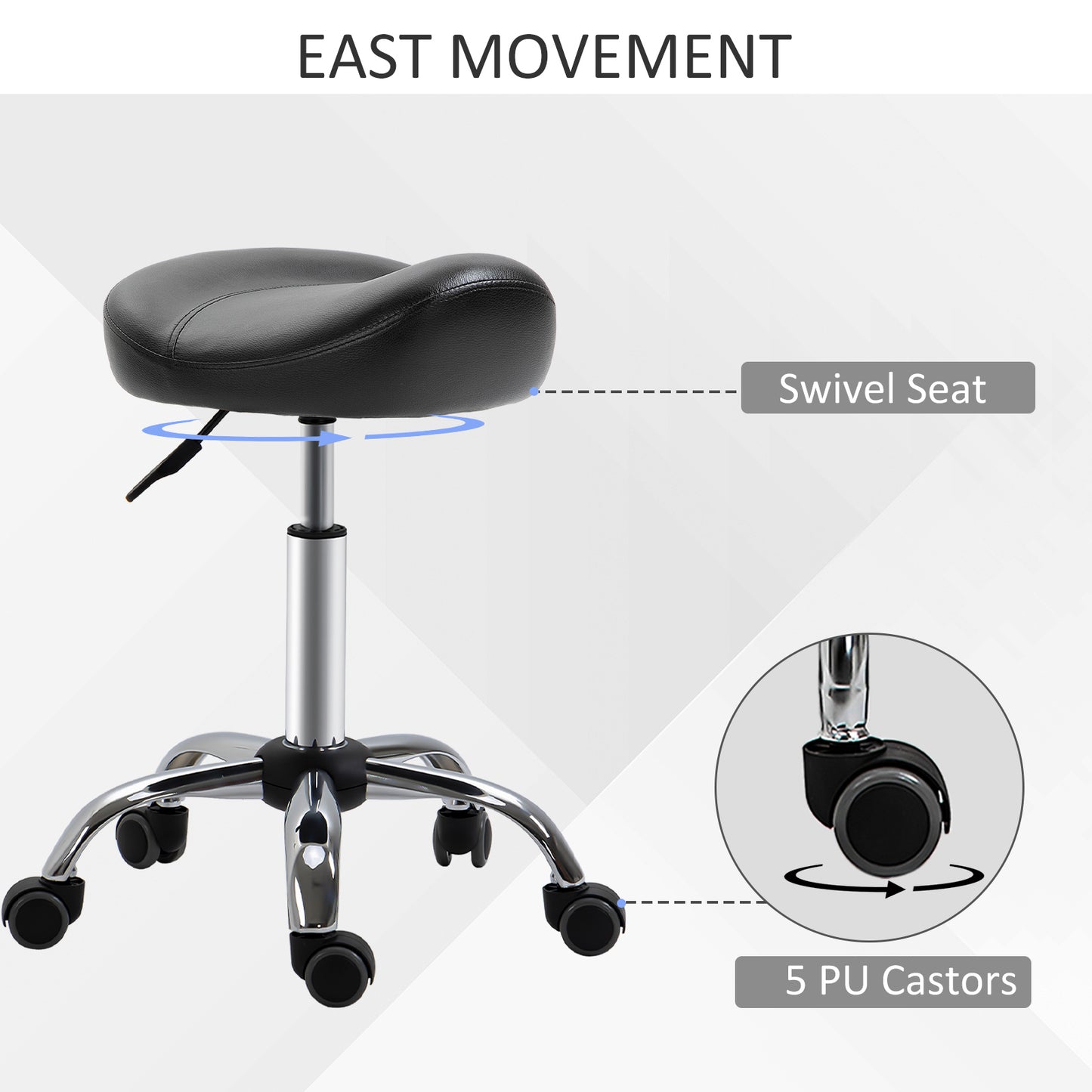 Saddle Stool, Height Adjustable Rolling Salon Chair with PU Leather for Massage, Spa, Clinic, Beauty and Tattoo, Black