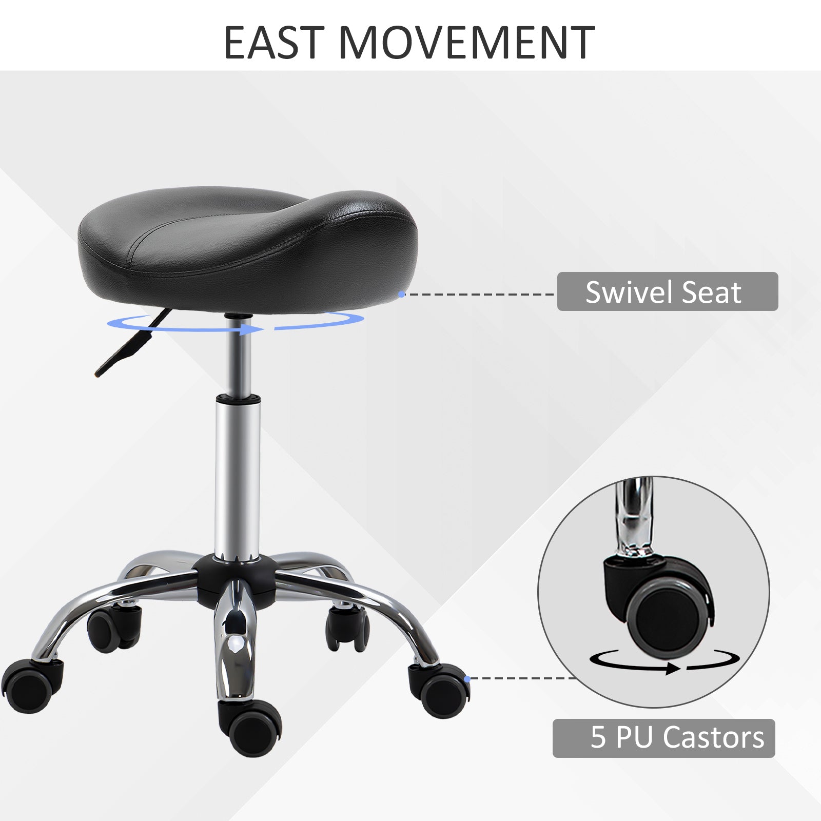 Saddle Stool, Height Adjustable Rolling Salon Chair with PU Leather for Massage, Spa, Clinic, Beauty and Tattoo, Black