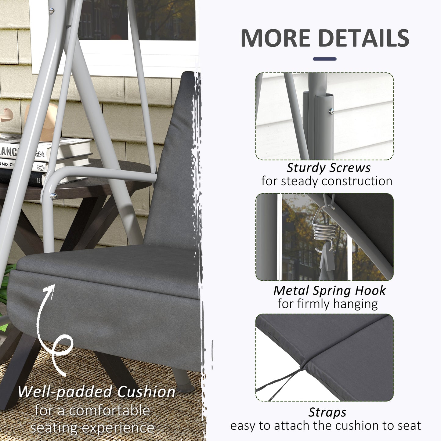 2-Seater Outdoor Porch Swing with Adjustable Canopy and Table, Patio Swing Chair for Garden, Poolside, Backyard, Grey