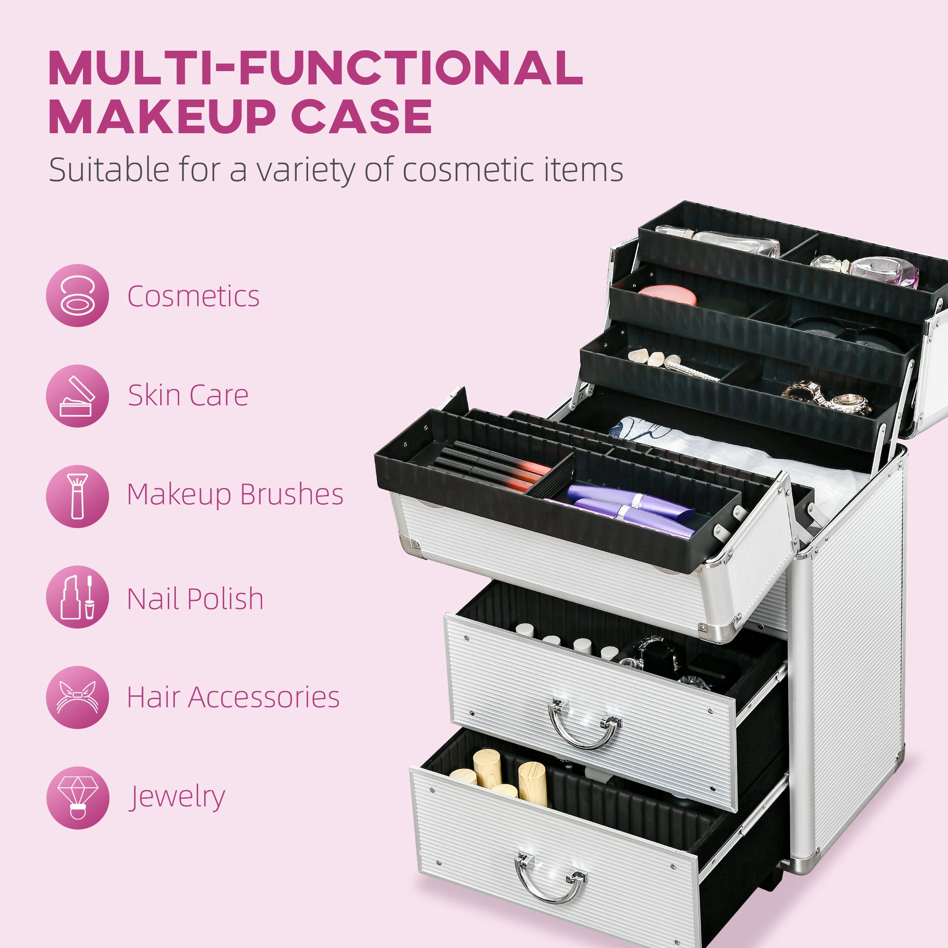 Aluminum Rolling Makeup Case, Portable Professional Cosmetic Makeup Case, Lockable Traveling Cart Trunk with Folding Trays, Swivel Wheels and Keys, Silver