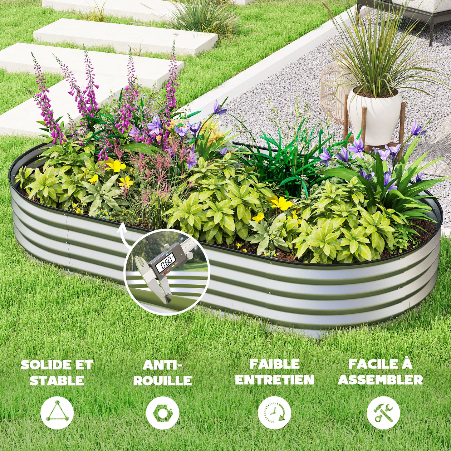6' x 3' x 1' Large Outdoor Planter Box, Galvanized Raised Garden Bed with Metal Plant Stake, Silver