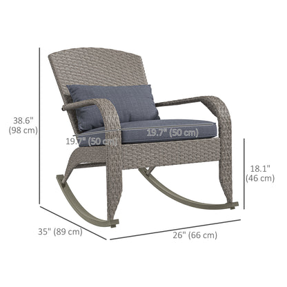 Adirondack Chair, Outdoor Wicker Rocking Chair with High Back, Seat Cushion and Pillow for Porch, Balcony, Grey