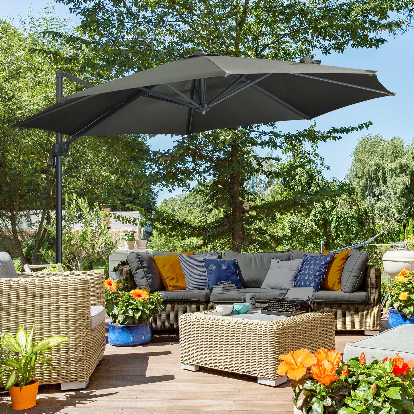 9.6' Cantilever Patio Umbrella Outdoor Hanging Offset Umbrella, Cross Base, 360° Rotation Aluminum Poles, Grey