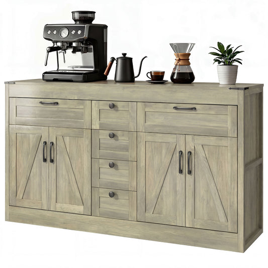 Sideboard Buffet Cabinet, 55" Farmhouse Kitchen Cabinet with 4 Barn Doors, 6 Drawers and 2 Adjustable Shelves, Grey