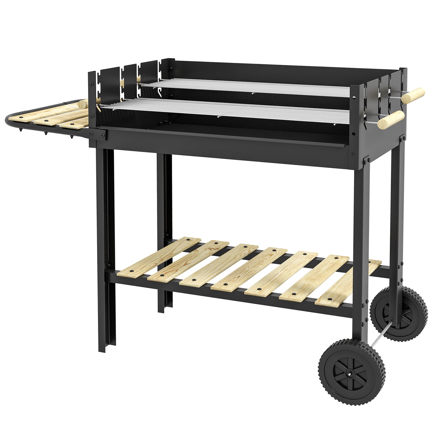 Charcoal Grill,Barbecue Trolley with Double Adjustable Grill, Side Table, Storage Shelf and Wheels, Black