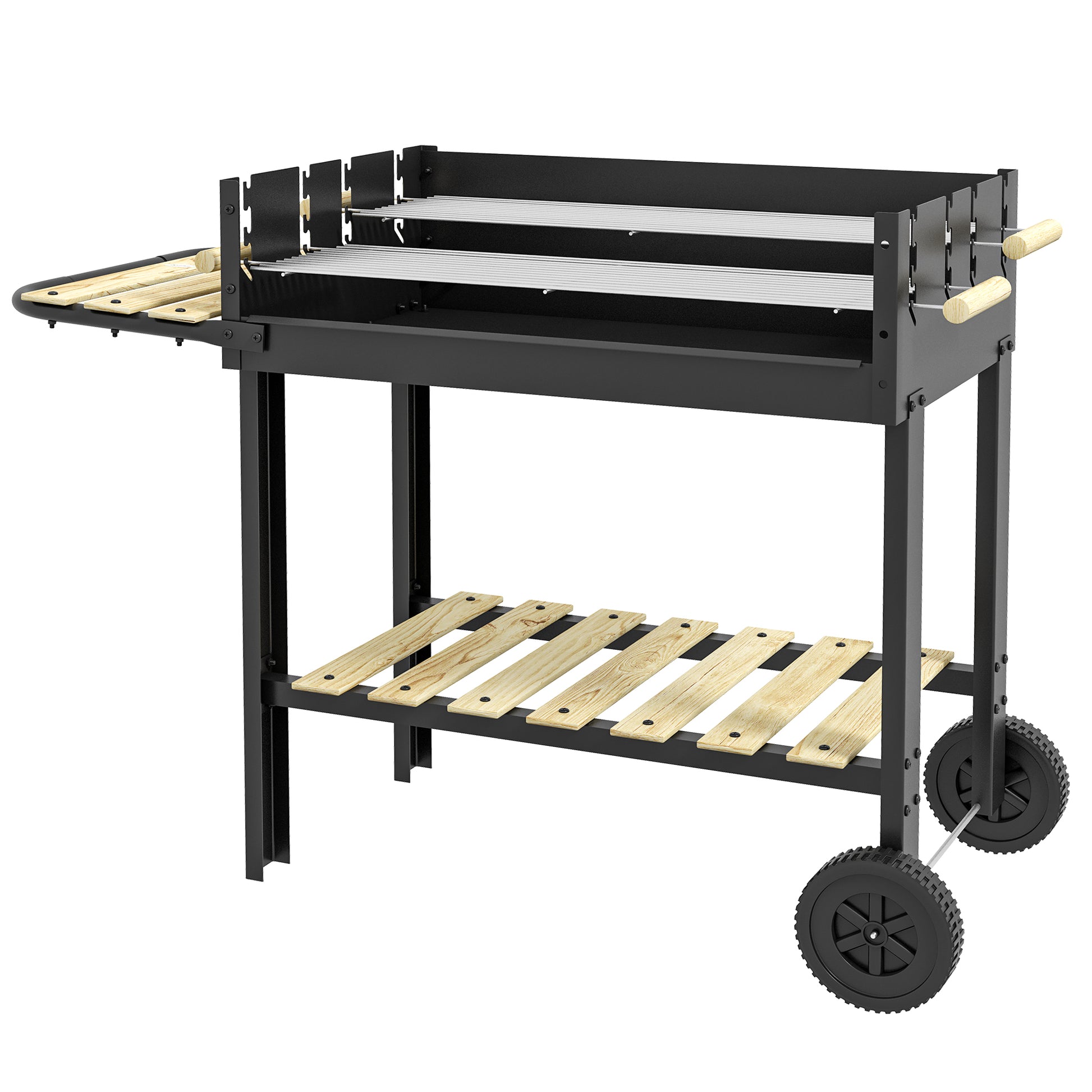 Charcoal Grill,Barbecue Trolley with Double Adjustable Grill, Side Table, Storage Shelf and Wheels, Black