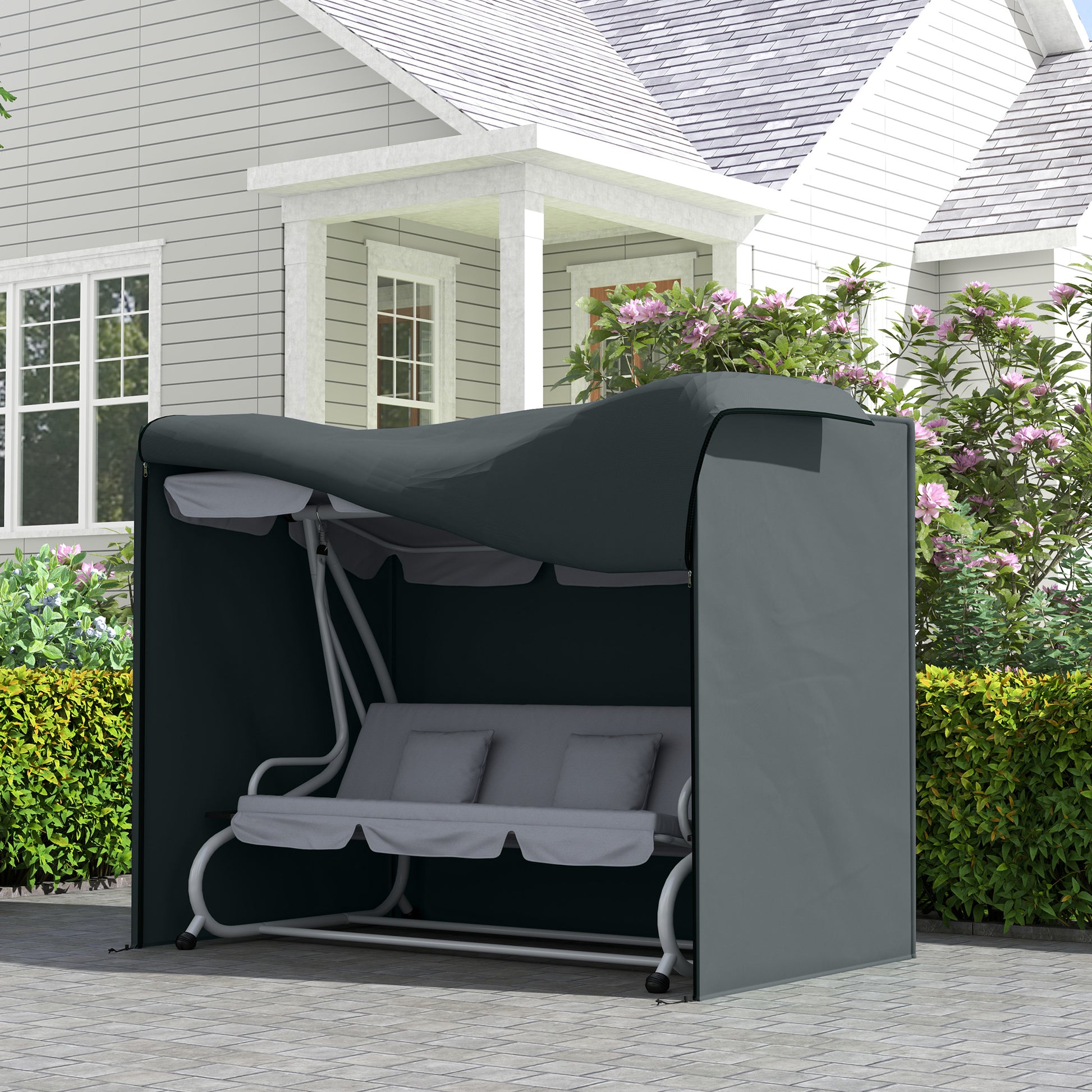 3 Seater Garden Swing Cover, Waterproof 420D Outdoor Swing Bench Cover with Zip, Windproof and Anti-UV, Grey