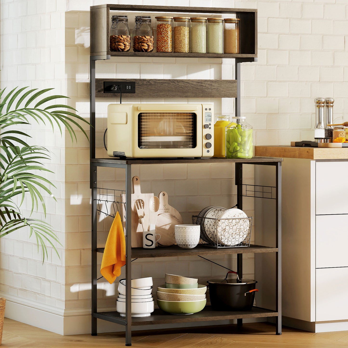 Baker's Rack with Charing Station, Microwave Shelf with Power Outlet, USB Charger and 5 Hooks, Distressed Grey