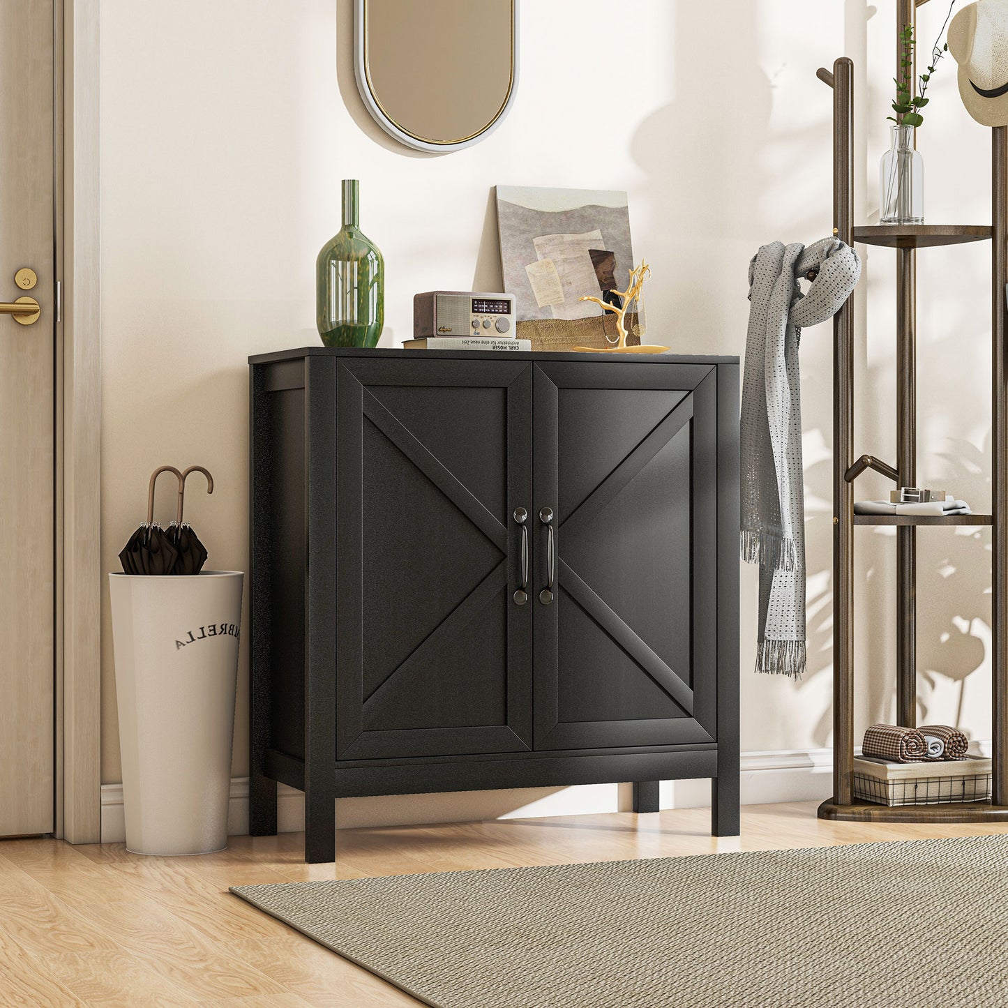 Sideboard Buffet, Kitchen Storage Cabinet with Barn Door and Adjustable Shelves, Storage Pantry, Black Oak