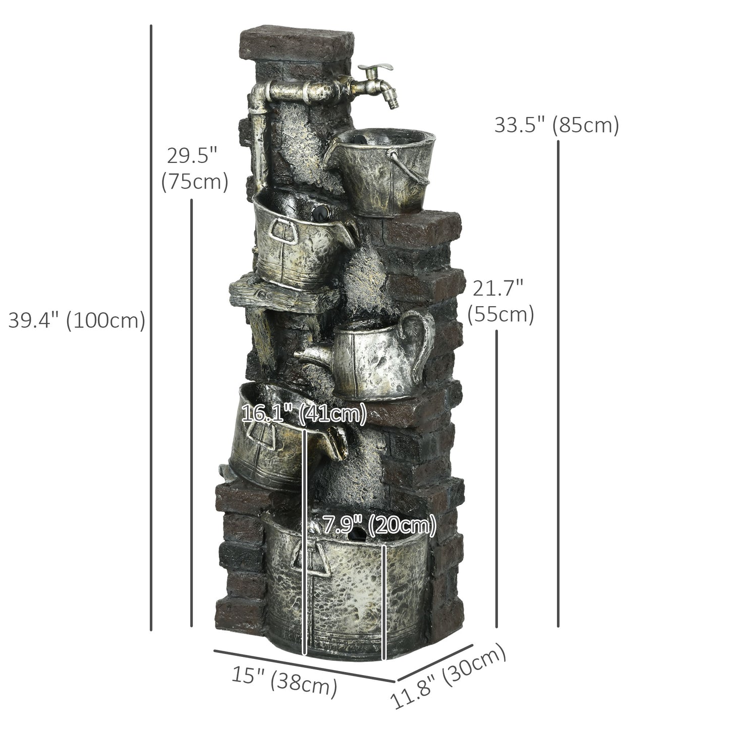 5-Tiered Faucet & Barrel Outdoor Water Fountain with LED Lights, Adjustable Flow, 39.4-inch Resin Waterfall Fountain