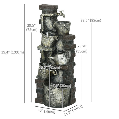 5-Tiered Faucet & Barrel Outdoor Water Fountain with LED Lights, Adjustable Flow, 39.4-inch Resin Waterfall Fountain