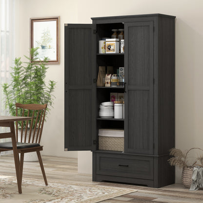 69" Tall Farmhouse Kitchen Pantry Cabinet with 2 Doors, Drawer and Adjustable Shelves, Black Wood Grain