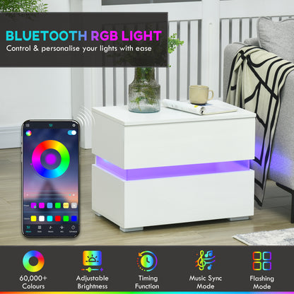 Modern Nightstand, Bedside Table with 2 Drawers, USB Powered RGB LED Lights for Bedroom, White