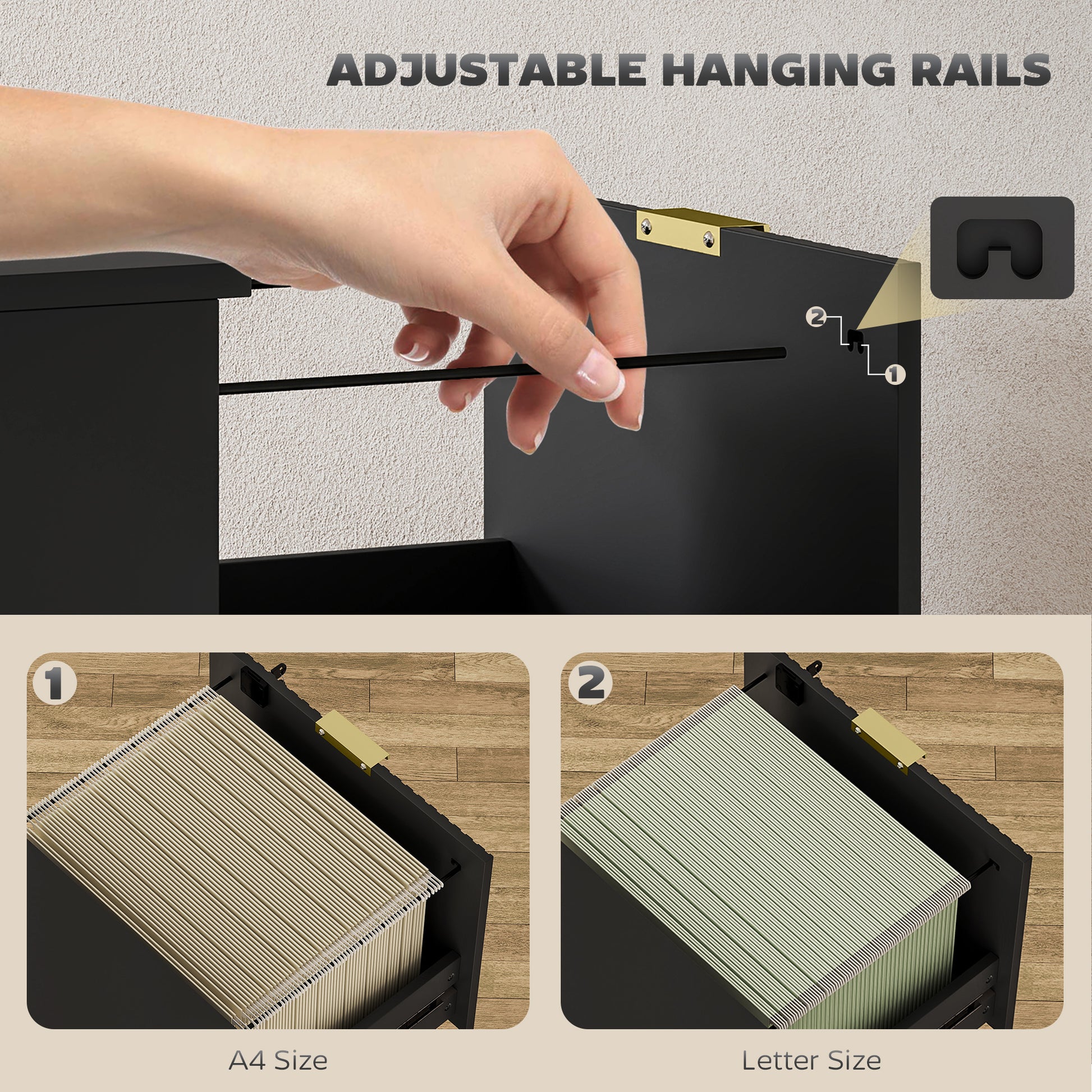 Lockable Filing Cabinet with 2 Fluted Drawers, File Cabinet with Adjustable Hanging Rails for A4 Letter Files, Black