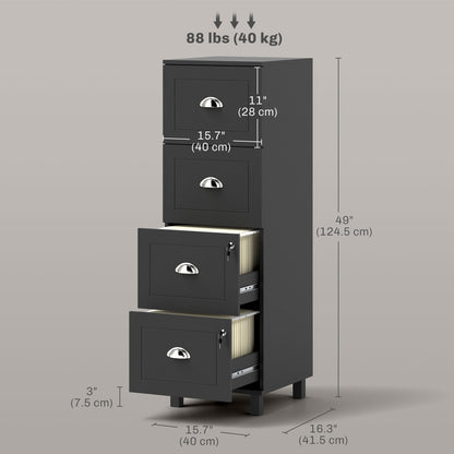 4 Drawer File Cabinet with Lock, Office Filing Cabinet, A4 Letter Size, Hanging File Folders, Black