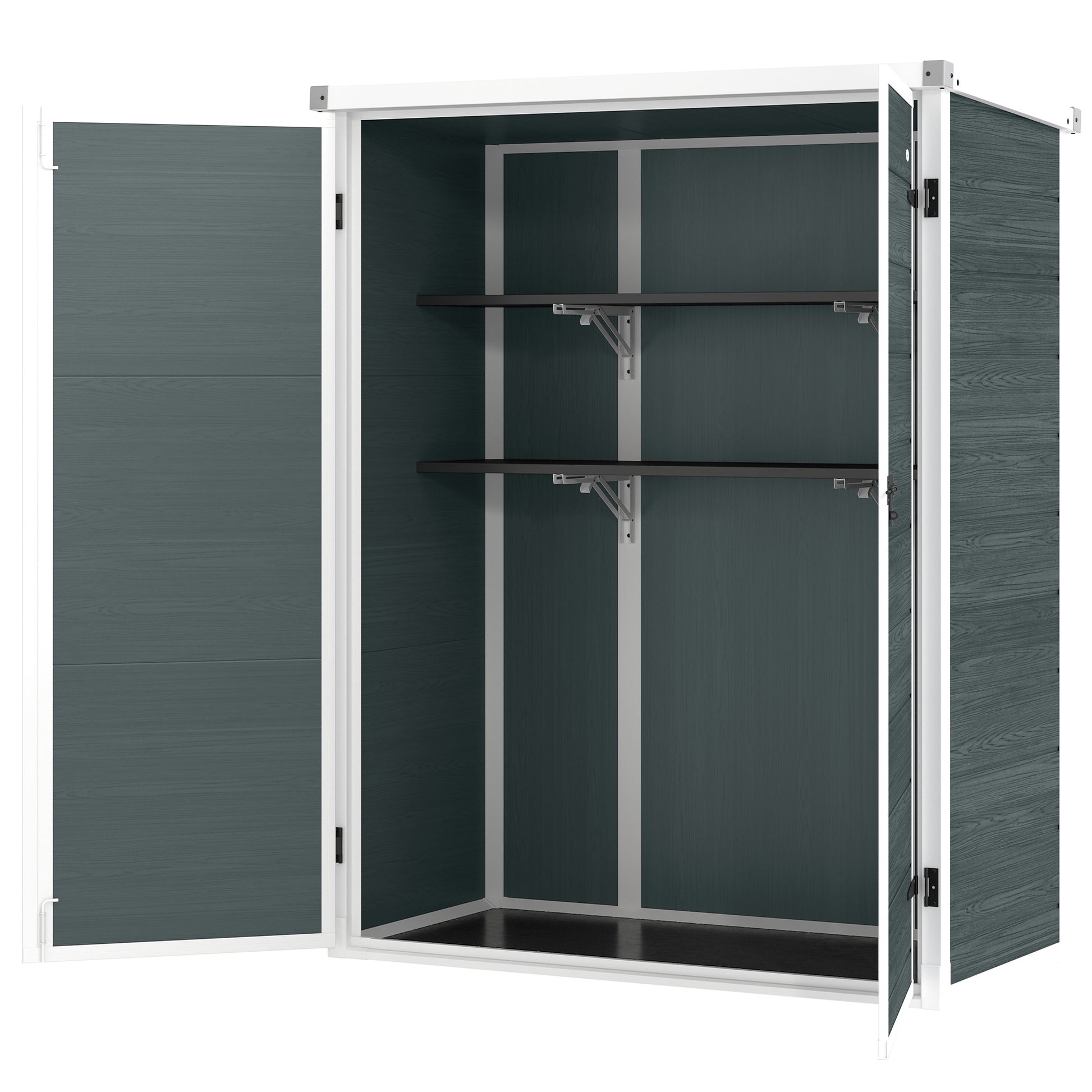 Outdoor 4.4' x 2.3' Plastic Storage Shed with Lockable Doors and Foldable Shelves, Wood-Effect Garden Shed, Grey