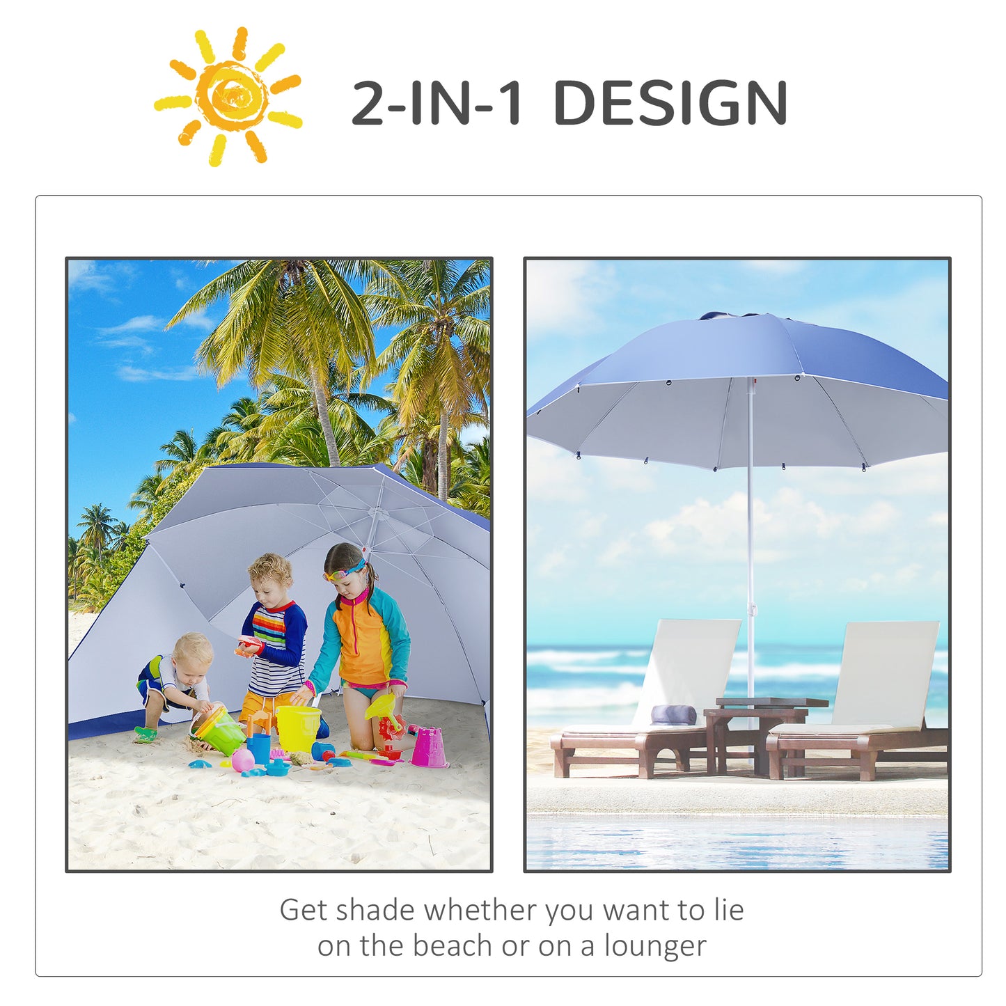 7.5FT 2-in-1 Beach Umbrella with Carry Bag, Umbrella Shelter with Silver Coated UPF50+ UV Protection and Adjustable Height for Camping, Fishing, Backyard, Blue