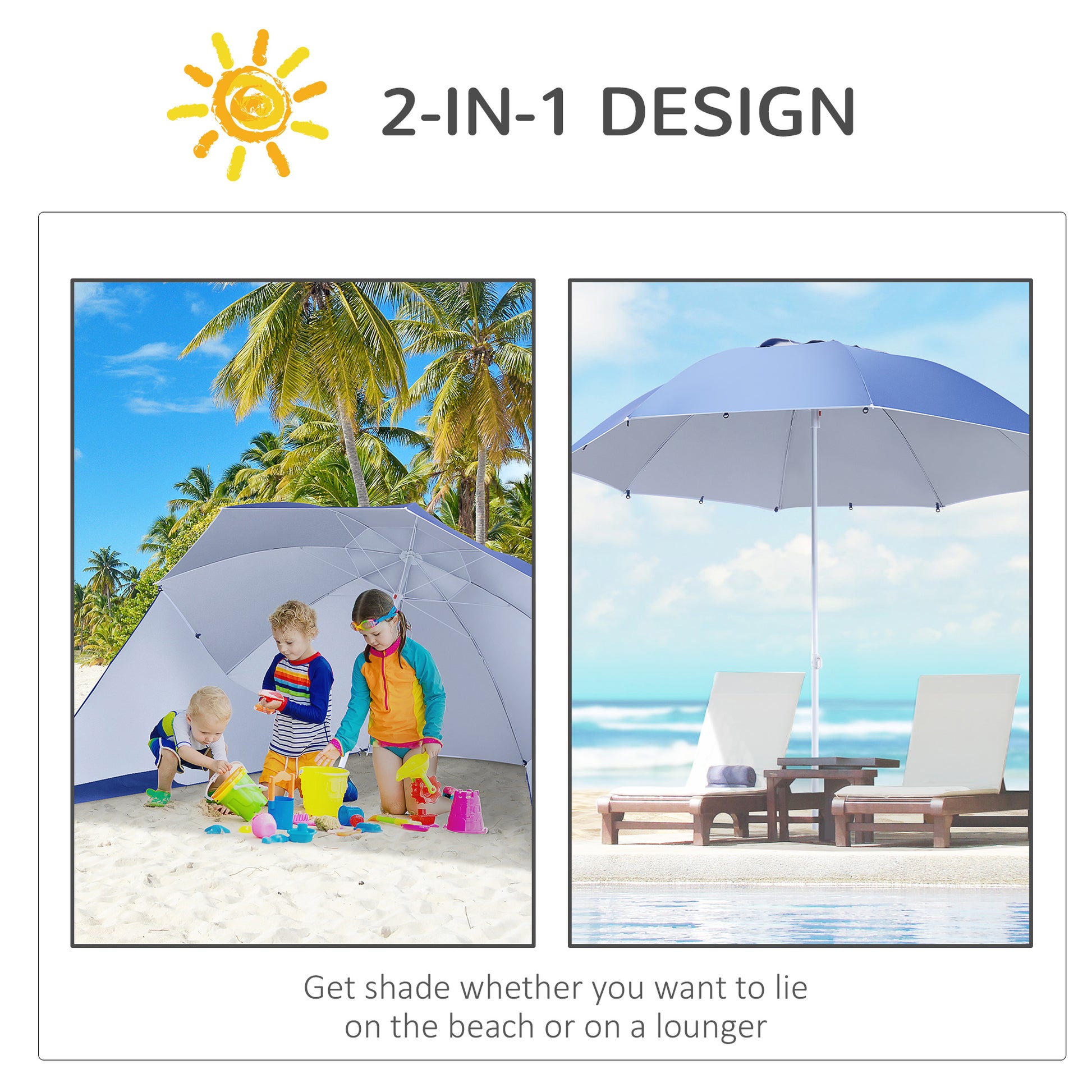 7.5FT 2-in-1 Beach Umbrella with Carry Bag, Umbrella Shelter with Silver Coated UPF50+ UV Protection and Adjustable Height for Camping, Fishing, Backyard, Blue