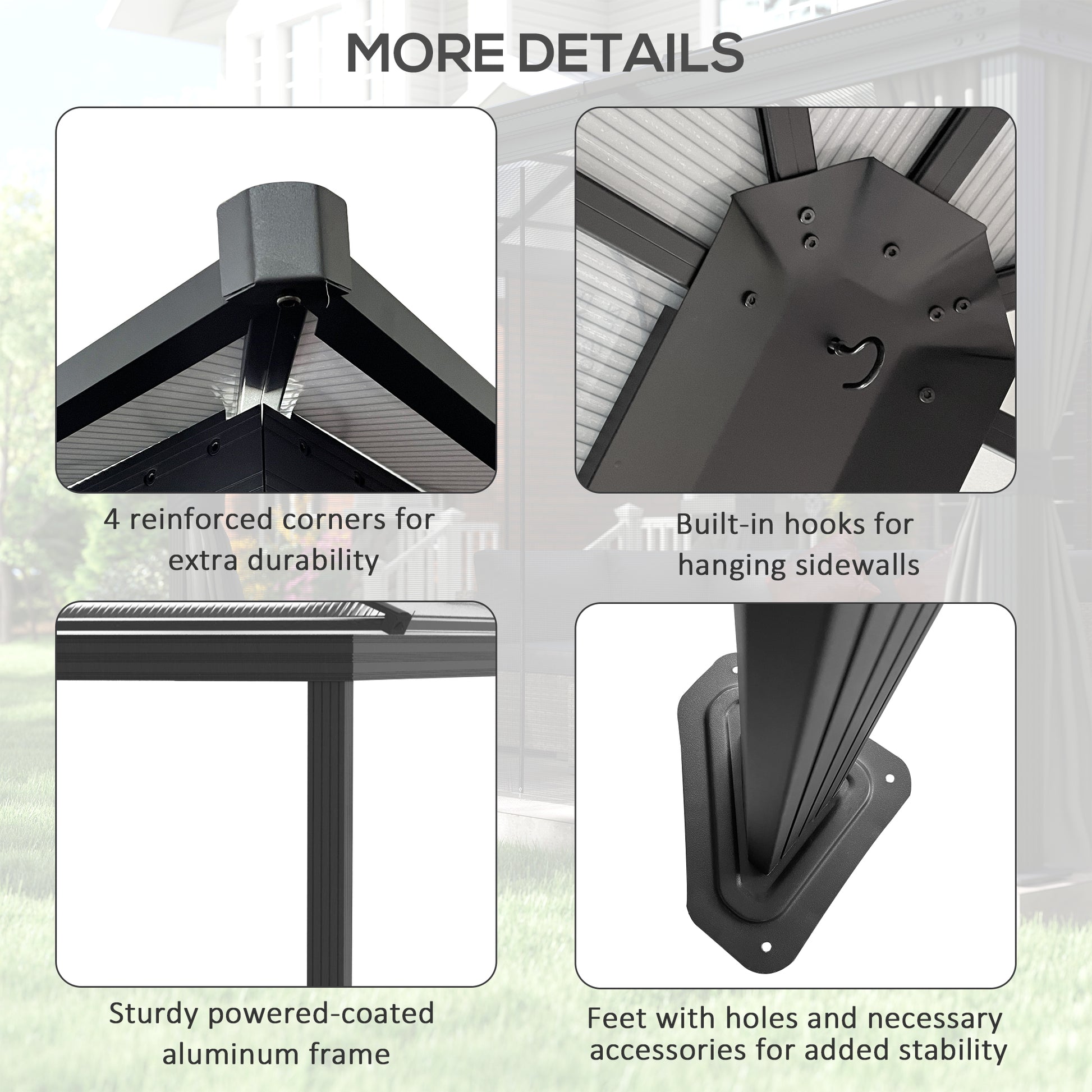 12' x 15' Hardtop Gazebo Canopy with Polycarbonate Roof, Aluminum Frame, Netting, Curtains and Ceiling Hook, Dark Grey